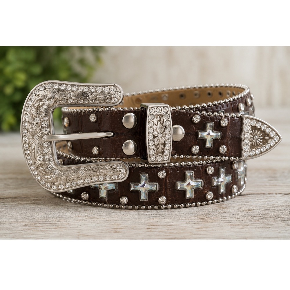 Nocona Womens Brown Leather Crystal Cross Western Belt Rhinestone N3485202-M